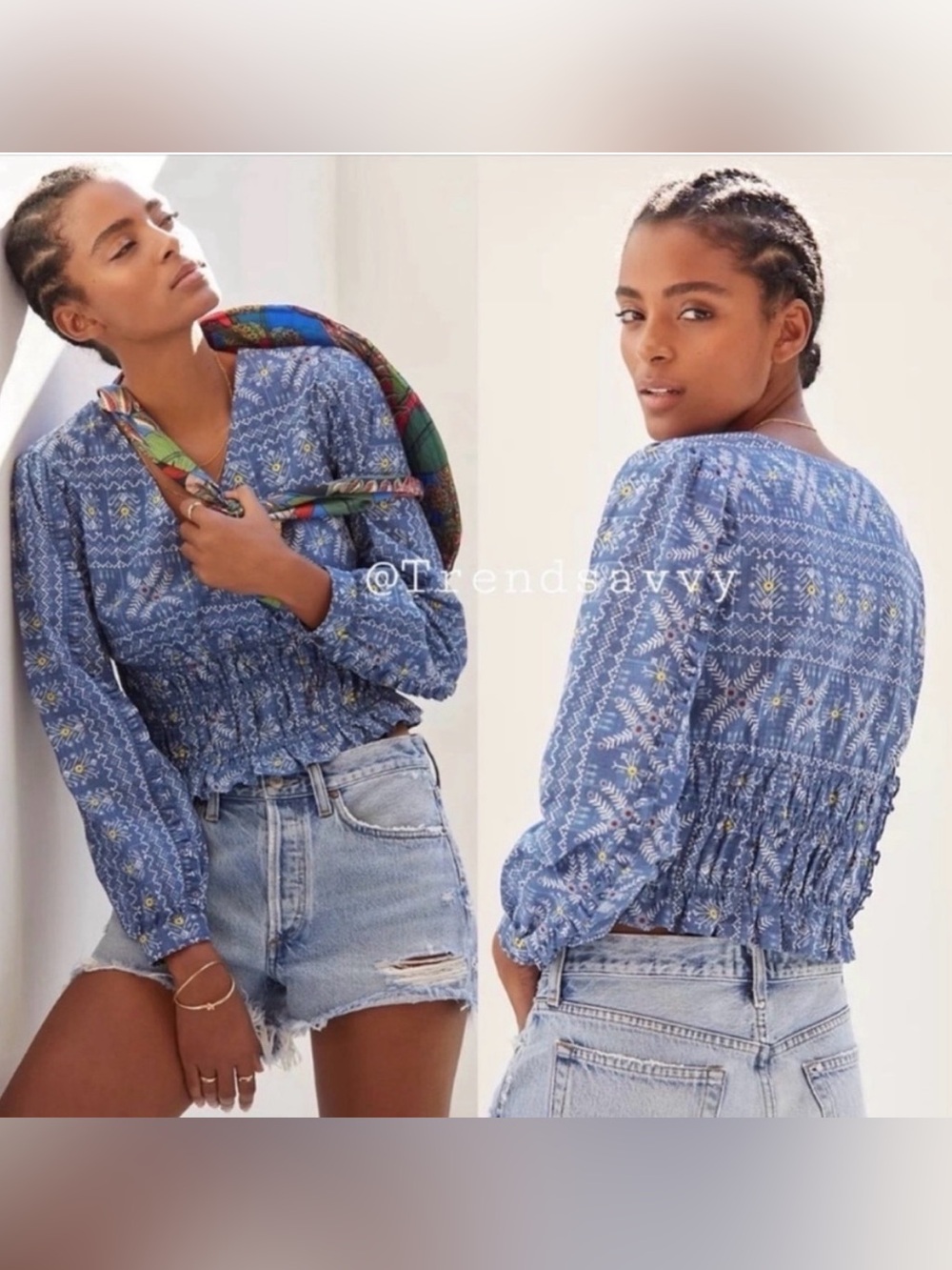Anthropologie Forever That Girl Blue Embroidered Smocked Boho Blouse S NWT